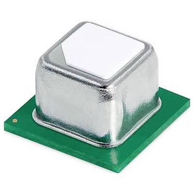 Egy kis ezüst és fehér elektronikai alkatrész téglalap alakban, zöld áramköri kártyára szerelve.