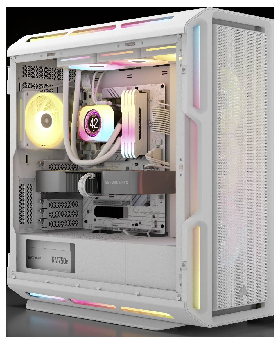Egy egyedi tervezésű gamer PC RGB világítással, áttetsző oldalpanellel. Jellemzői közé tartozik a grafikai kártya, hűtőrendszer és megvilágított komponensek.