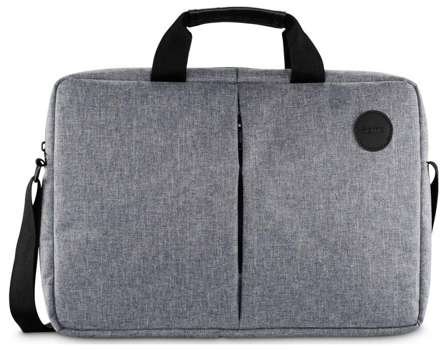 Egy szürke anyagú laptoptáska fogantyúval és vállpánttal, egyszerű dizájnnal és egy kerek fekete logóval az elején.