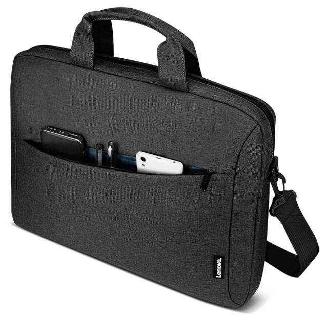 Egy fekete, puha laptop táska füllel és válltáskaszíjjal. Az első cipzáras zseb nyitva van, benne eszközök és tartozékok láthatóak.