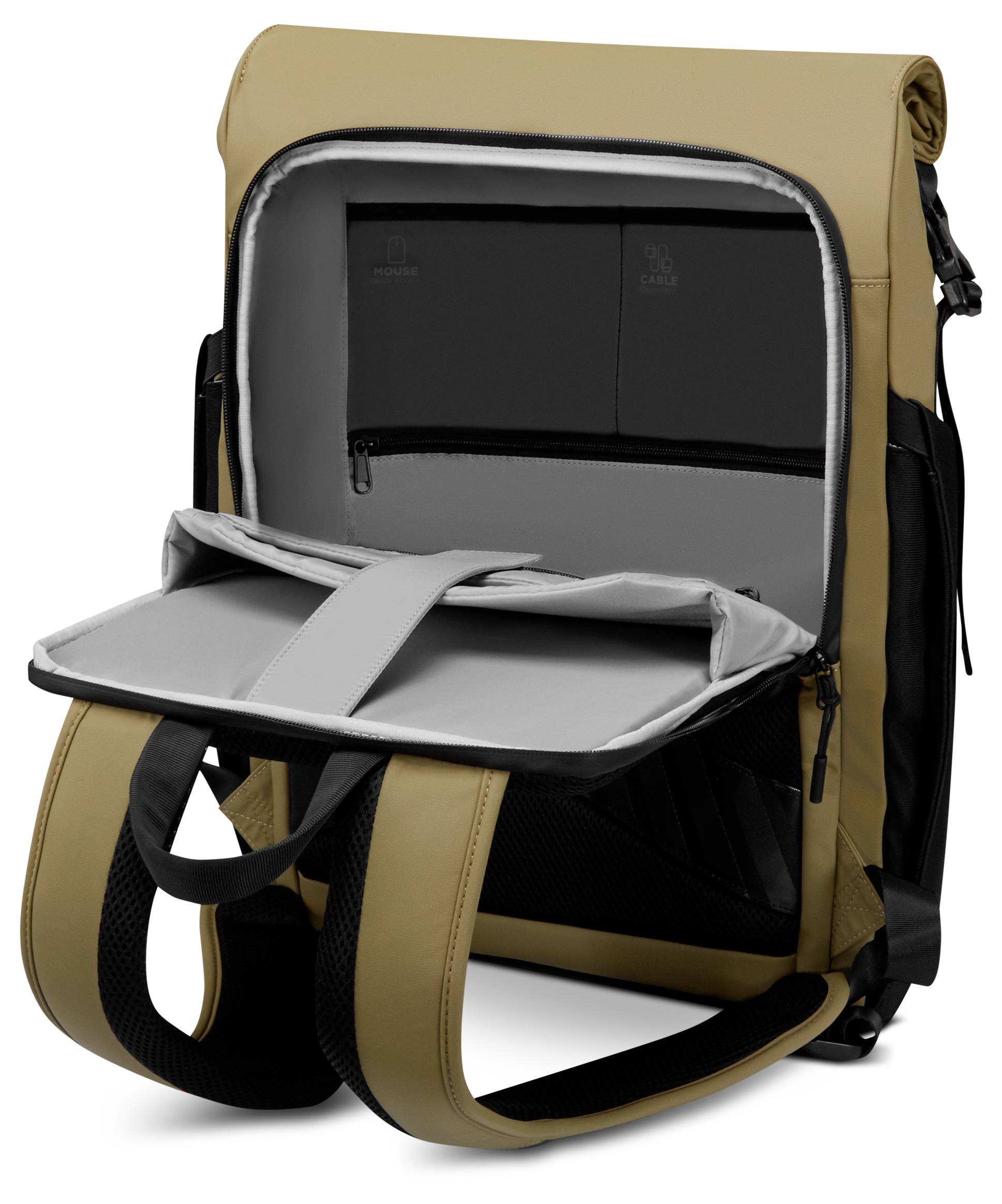 Egy bézs hátizsák nyitva van, hogy megmutassa a párnázott laptop rekeszt két elválasztóval és egy külön kiegészítő tárolórészt a belső fedélzeten.