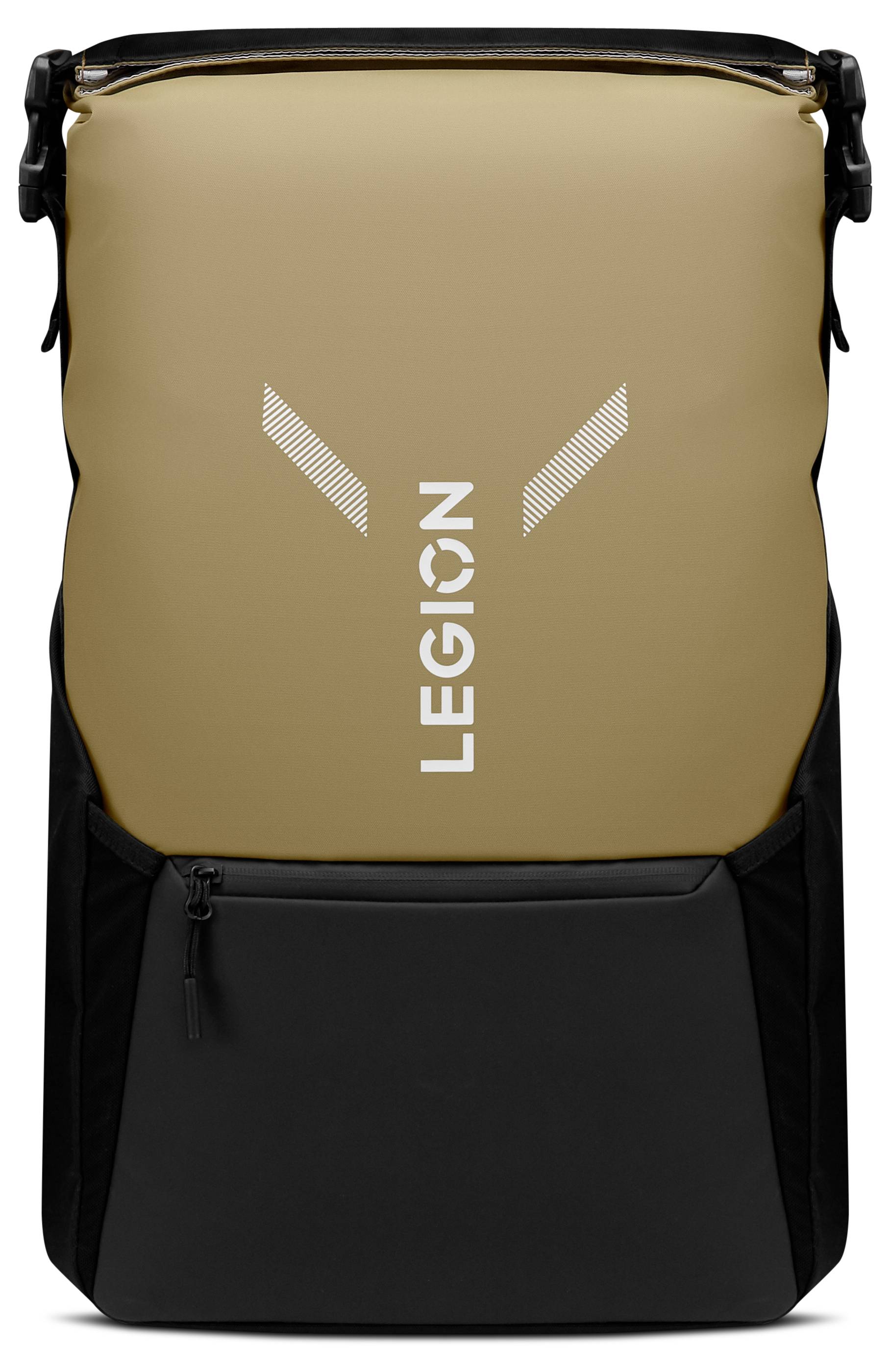 Egy barna és fekete hátizsák, amelynek az elején 'LEGION' felirat szerepel, és az alján cipzáras zseb található.