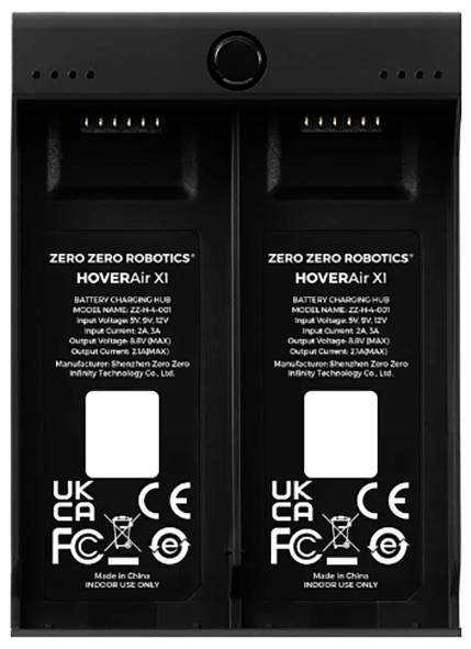 'Zero Zero Robotics' HOVERAir X1 drón akkumulátortöltő hub, bemenet 5V, 3A, Kínában gyártva, tanúsítványok a lap alján.