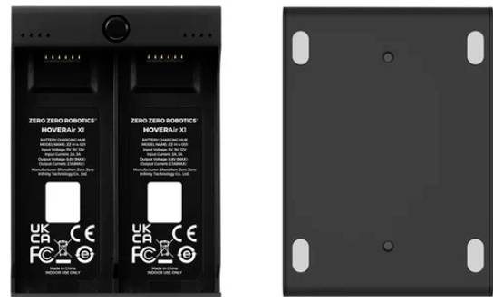 A 'HoverAir X1' akkumulátor csomag elölnézetben és hátulnézetben. Az elülső oldal a termék címkéjét mutatja; a hátsó oldal sima felülettel és lekerekített élekkel rendelkezik.