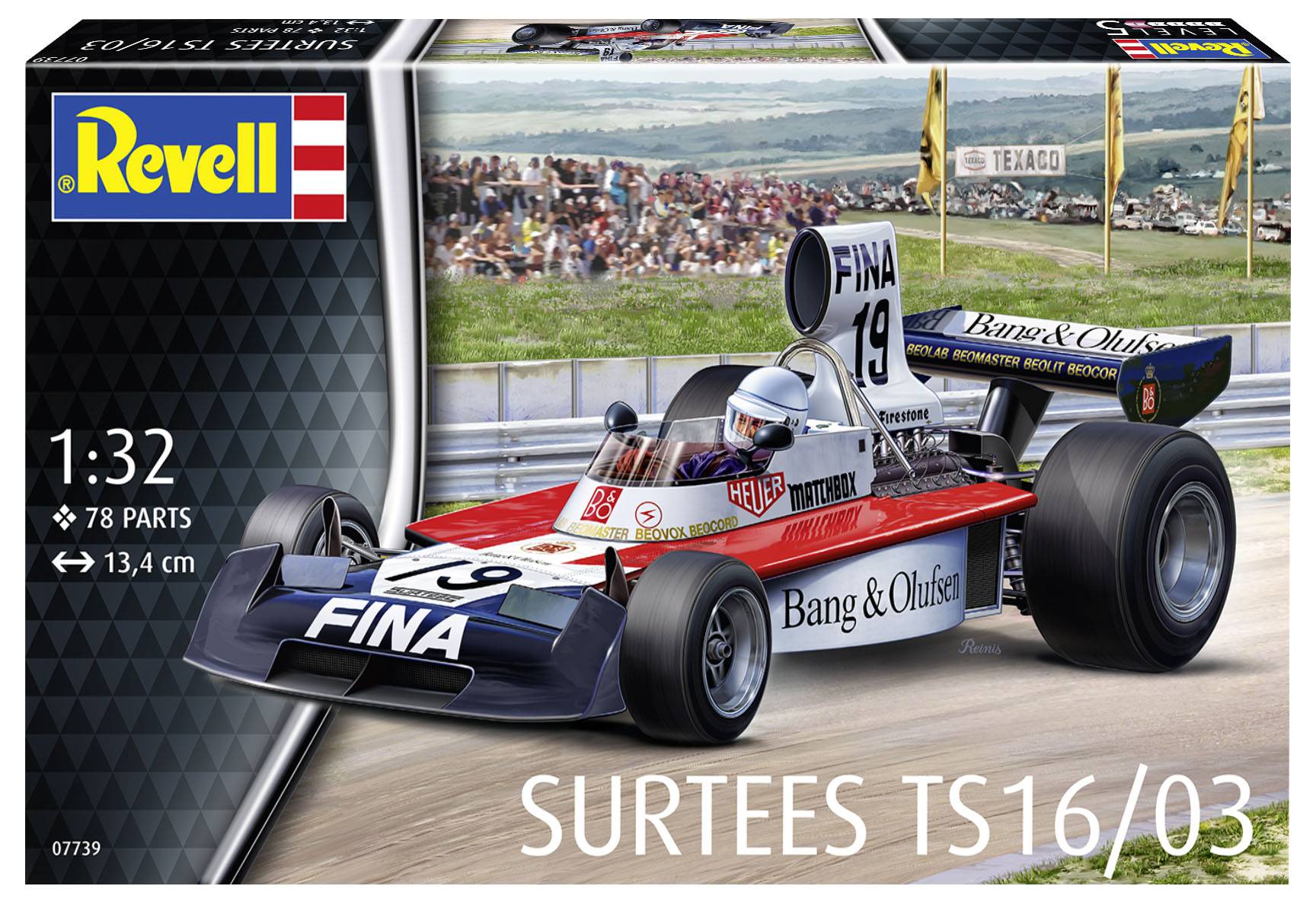 A Surtees TS16/03 versenyautó modellkészlet, amely részletes képeket mutat az autóról verseny közben. 78 alkatrészt tartalmaz; méretarány 1:32.