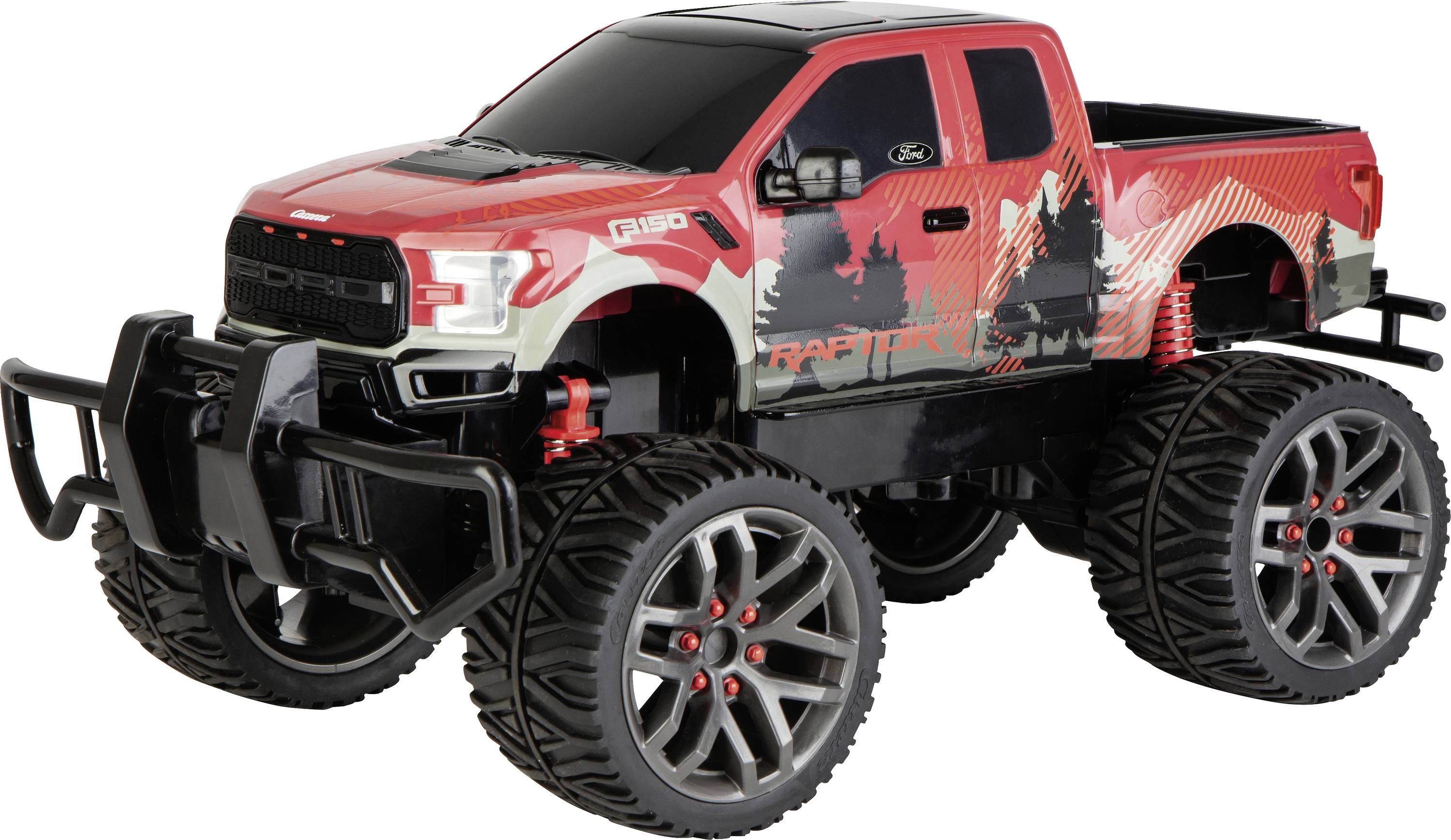 Egy piros és fekete játék teherautó nagy kerekekkel és részletes grafikával, amely egy terepjáró járműre emlékeztet.