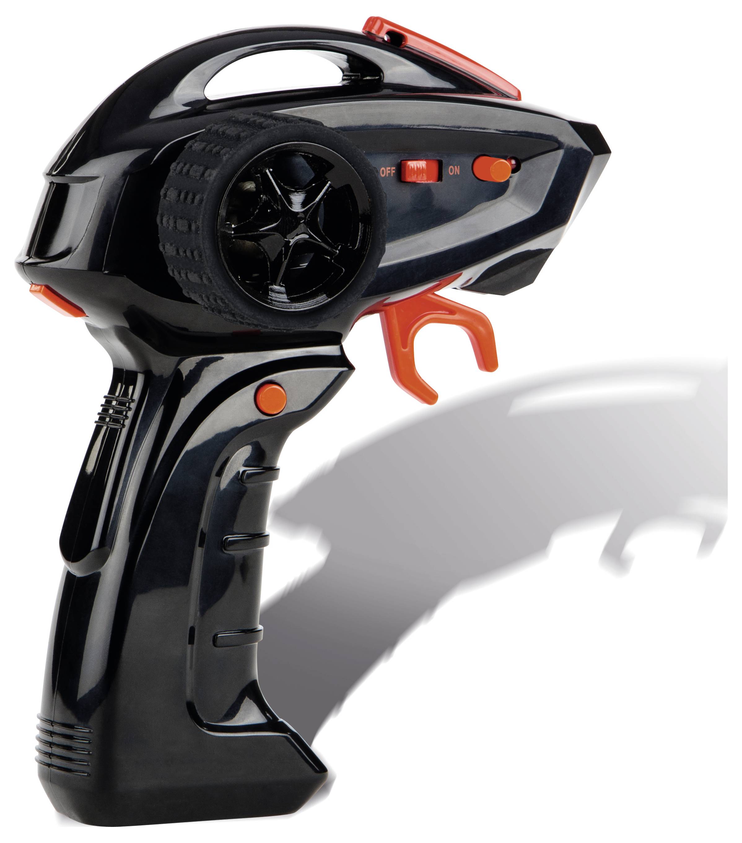 Egy fekete és narancssárga játék távirányító, amely egy köralakú kerekből, ravasz gombból és vezérlőkapcsolókból áll, valószínűleg egy távirányítható járműhöz.