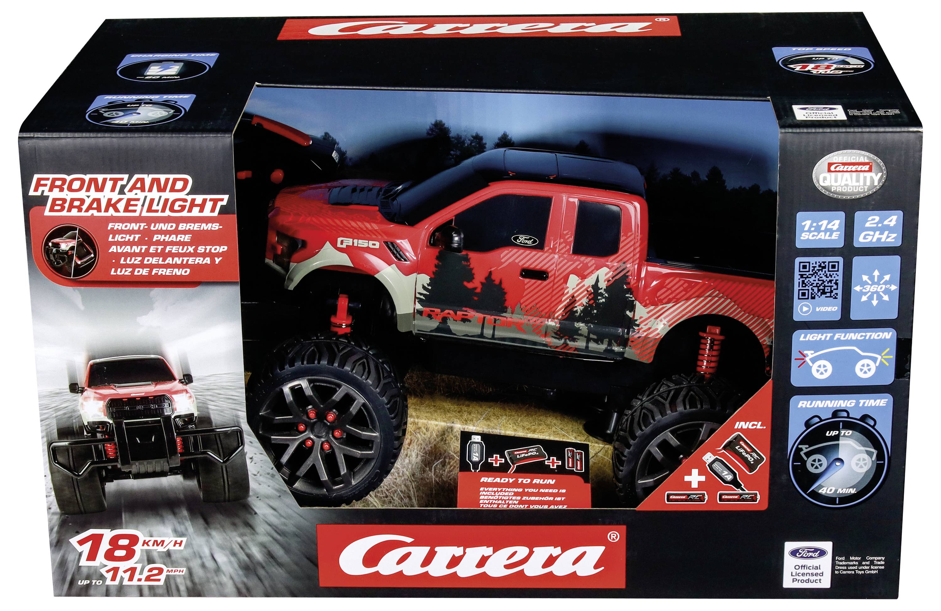 Egy távirányítós játék terepjáró kamion csomagolása, amely egy piros és fekete terepjáró járművet mutat erdős háttérrel, kiemeli a funkciókat, mint az első és féklámpák, 18 km/h sebesség és 2,4 GHz-es távirányító technológia.