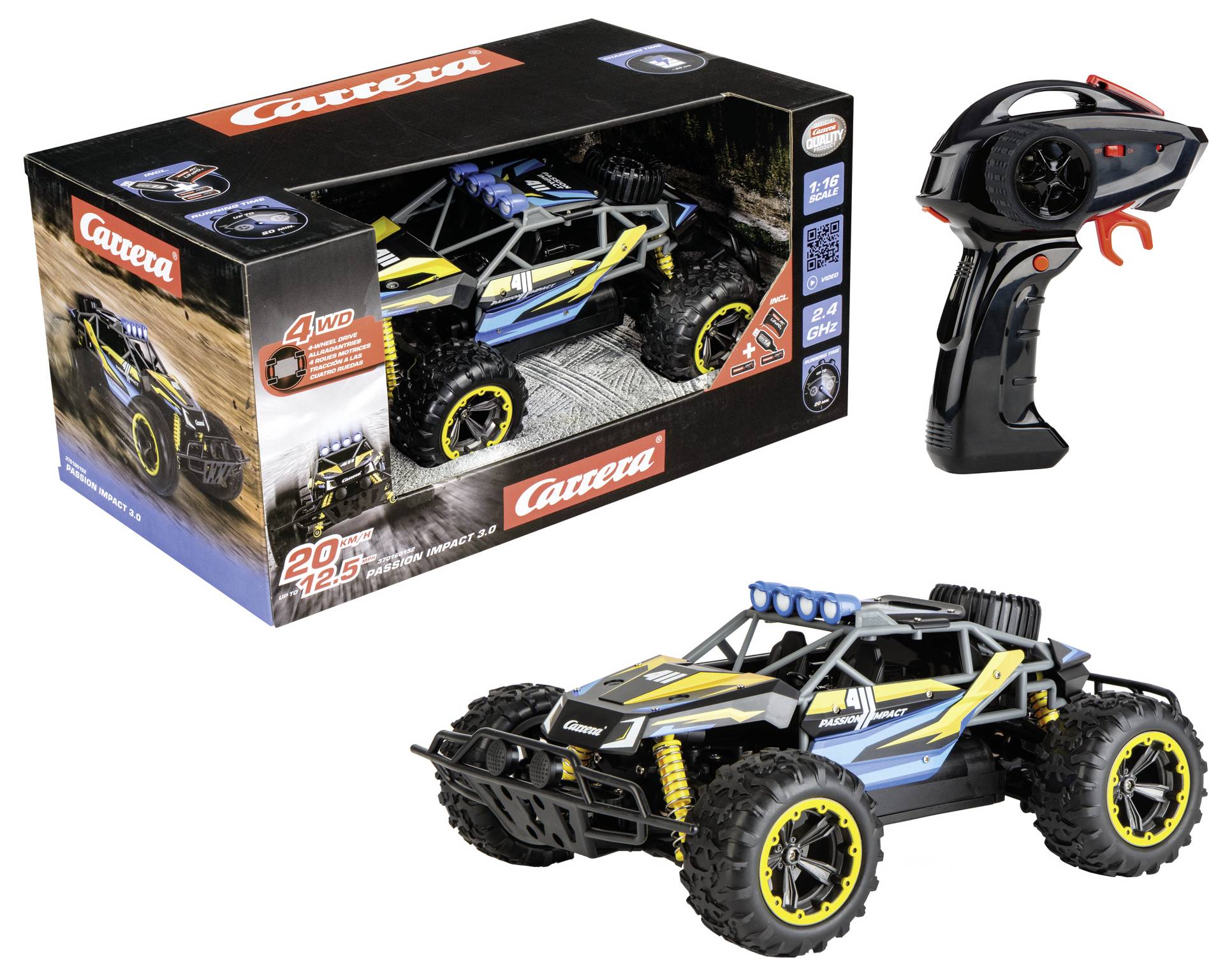 Egy távirányítós terepjáró járműve a dobozával és vezérlőegységével. A jármű fekete, sárga és kék részletekkel, nagy méretű kerekekkel.