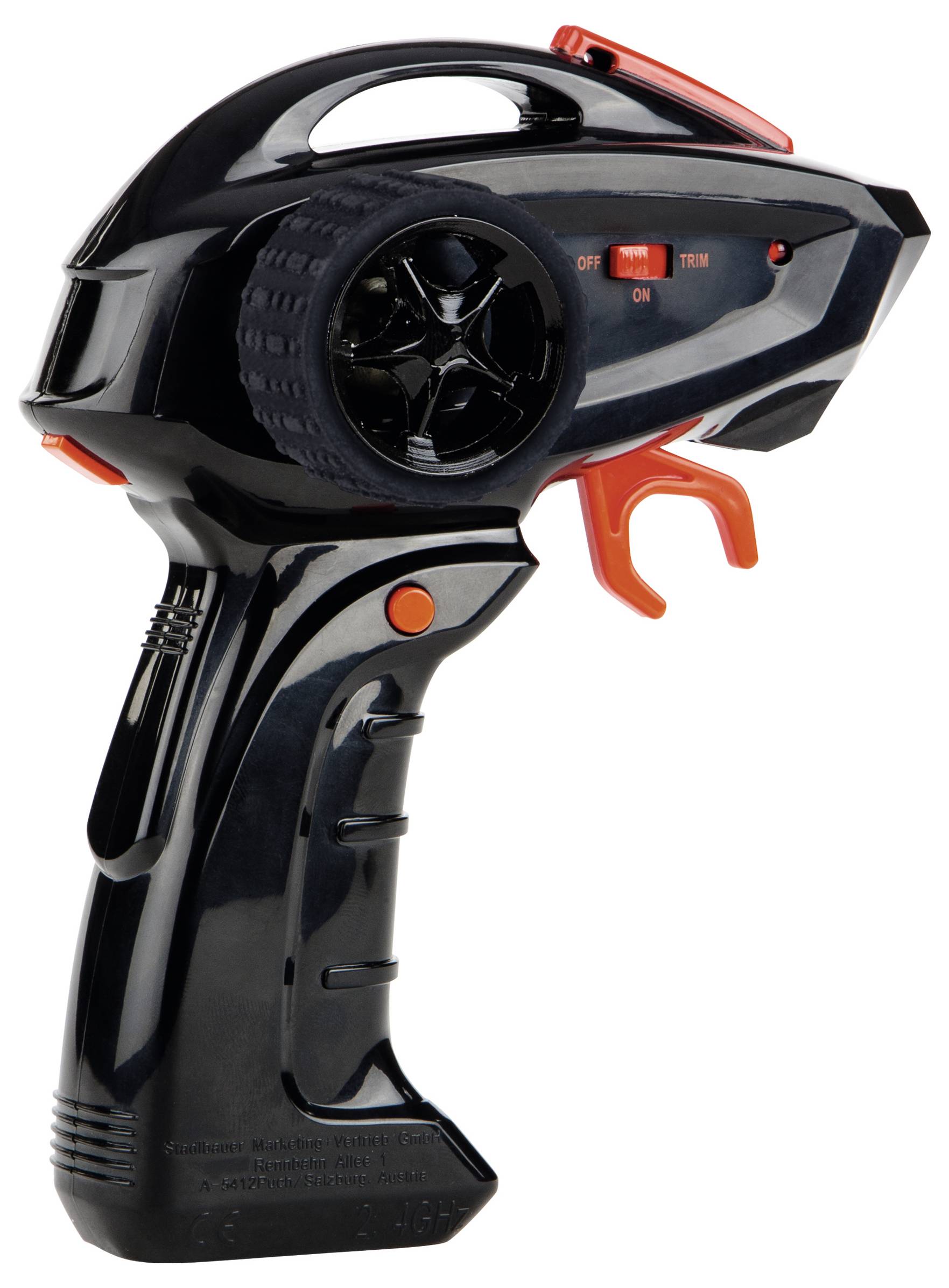 'Fekete távirányító piros trigger gombbal és narancssárga gombokkal, bekapcsoló/kikapcsoló kapcsolóval és több beállító tárcsával.'