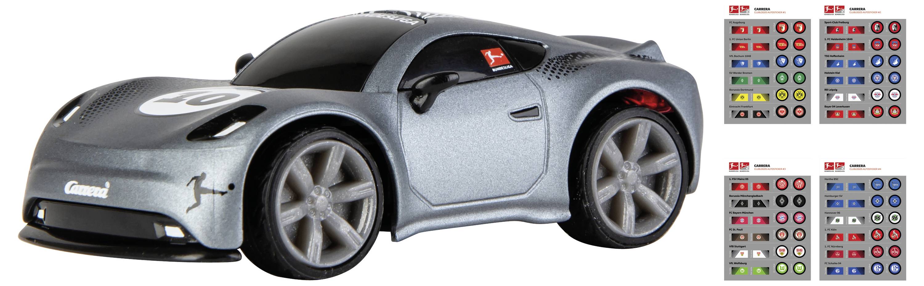 Egy karcsú szürke játékautó látható nagy kerekekkel, amelynek a motorháztetején egy '10'-es szám, az oldalán pedig különböző színű matricák vannak.