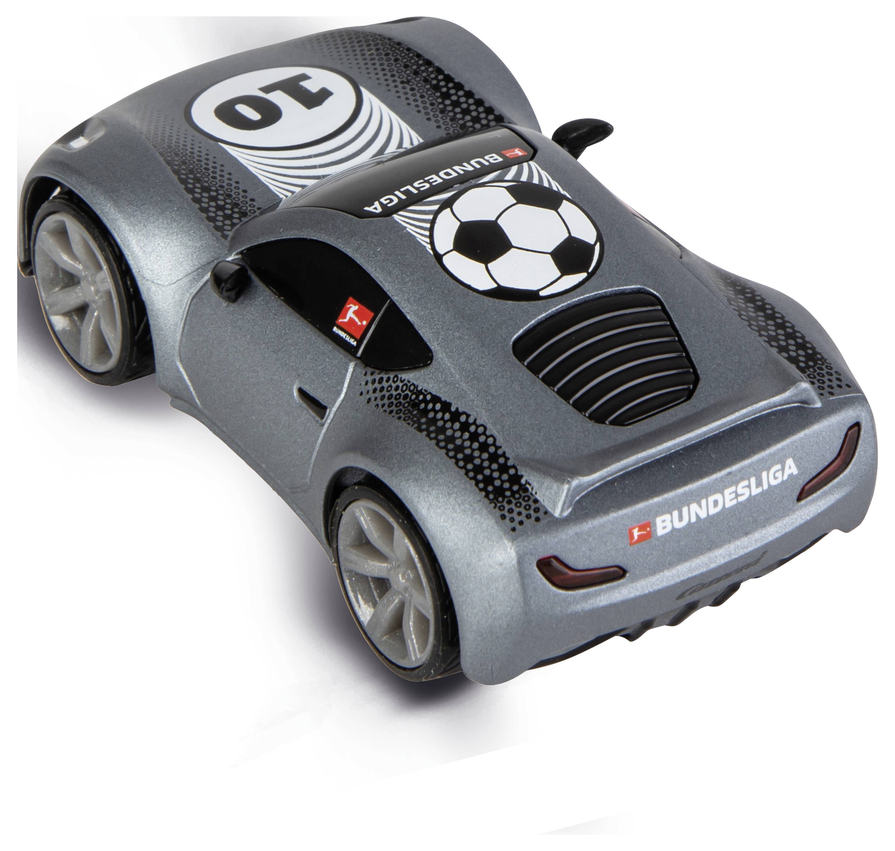 Egy kis méretű, szürke játék autó, amelyen a 'Bundesliga' márkajelzés és egy focilabda grafika látható a tetején, ezüst kerekekkel és sportos formatervezési részletekkel.