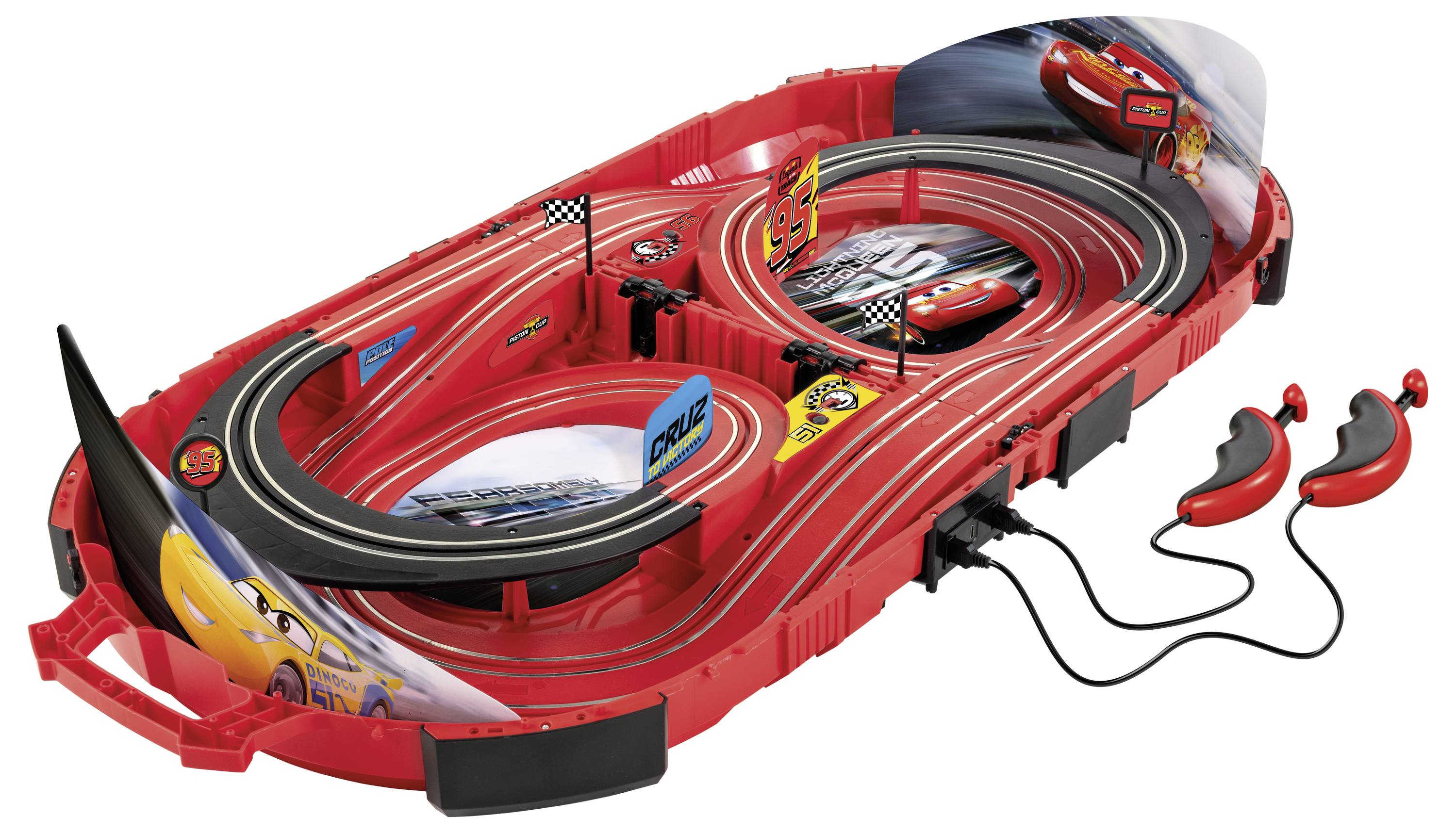 Piros versenypálya, amelyen két sáv található, a Cars filmsorozat témájában. Két piros kontroller tartozik hozzá, és kockás zászlókkal van díszítve.