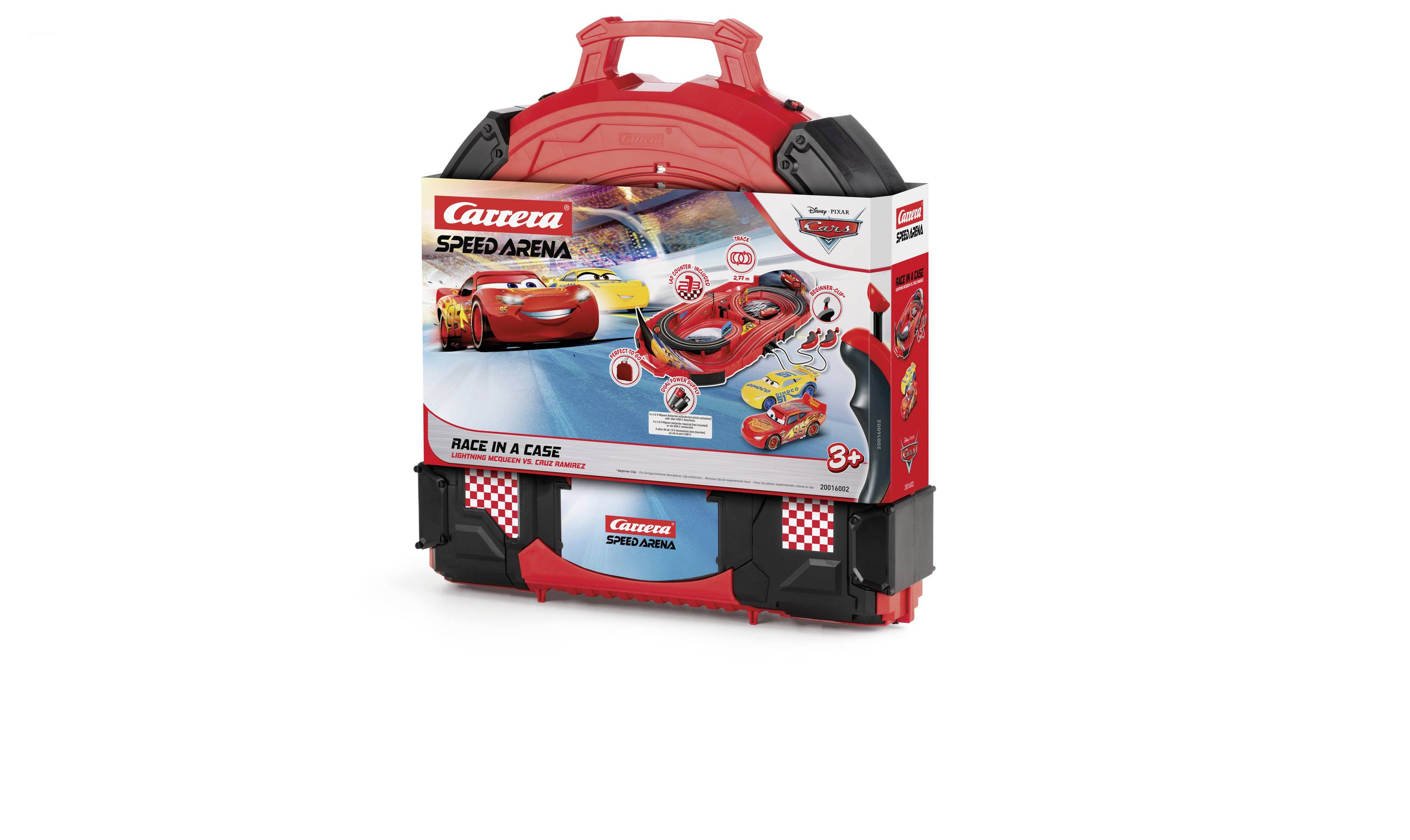 Egy versenyautó-pálya szett doboza népszerű animációs filmből származó autóképekkel. A címke felirata: 'Carrera Sebességaréna: Verseny egy dobozban'. 3 éves kor felett ajánlott.