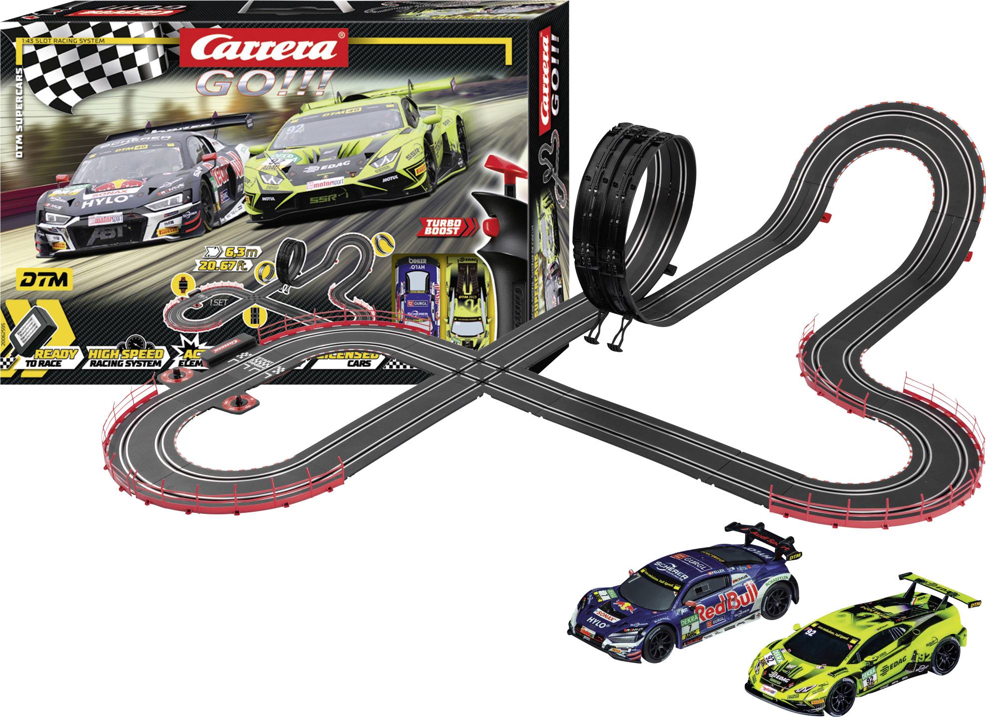 'Carrera GO!!! DTM Speed Racer' pályaszett doboz két játék versenyautóval és pályakiosztással, amely hurkot és kanyarokat tartalmaz.