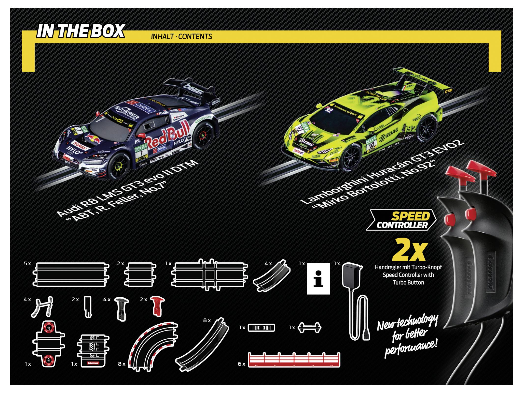 A dobozban lévő kép két modellautót mutat: egy Audi R8 LMS GT3-at és egy Lamborghini Huracán GT3-at, pályaelemekkel és 2 sebességszabályzóval.
