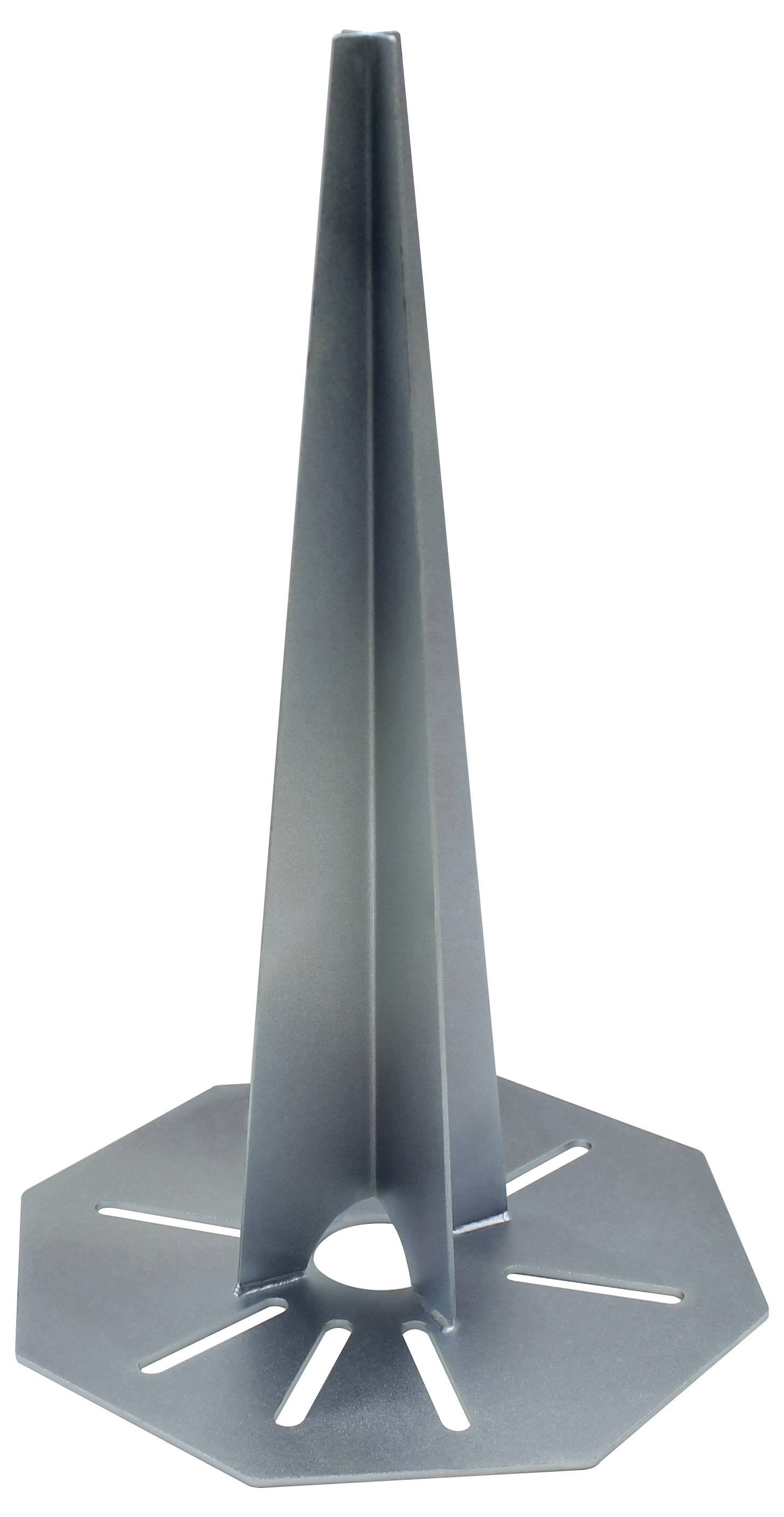 Egy magas, fém kúp alakú tárgy, széles, lapos alappal és nyílásokkal, valószínűleg egy állvány vagy támasztószerkezet.