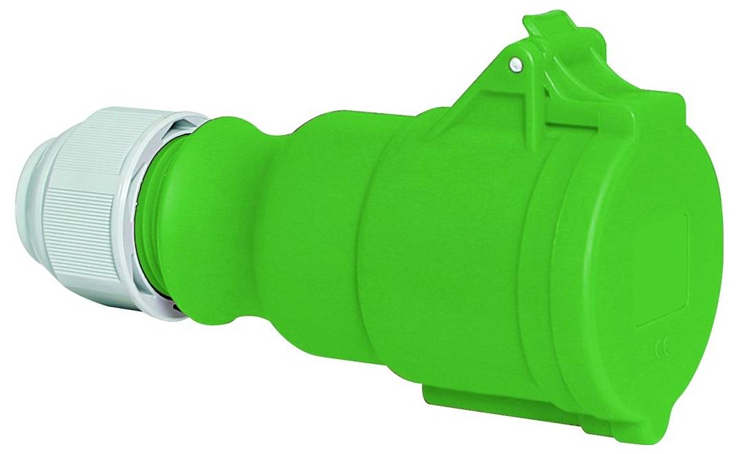 Zöld, ipari szintű elektromos csatlakozó, csavarható zárókupakkal, amely biztonságos áramellátási csatlakozásokhoz használható nehéz ipari alkalmazásokban.