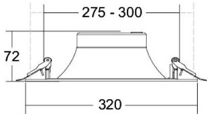 Kúp alakú tetőventilátor vagy szellőztető sapka technikai rajza 320 szélesség, 275-300 felső szélesség és 72 magasság méretekkel, oldalsó rögzítési konzolokkal.
