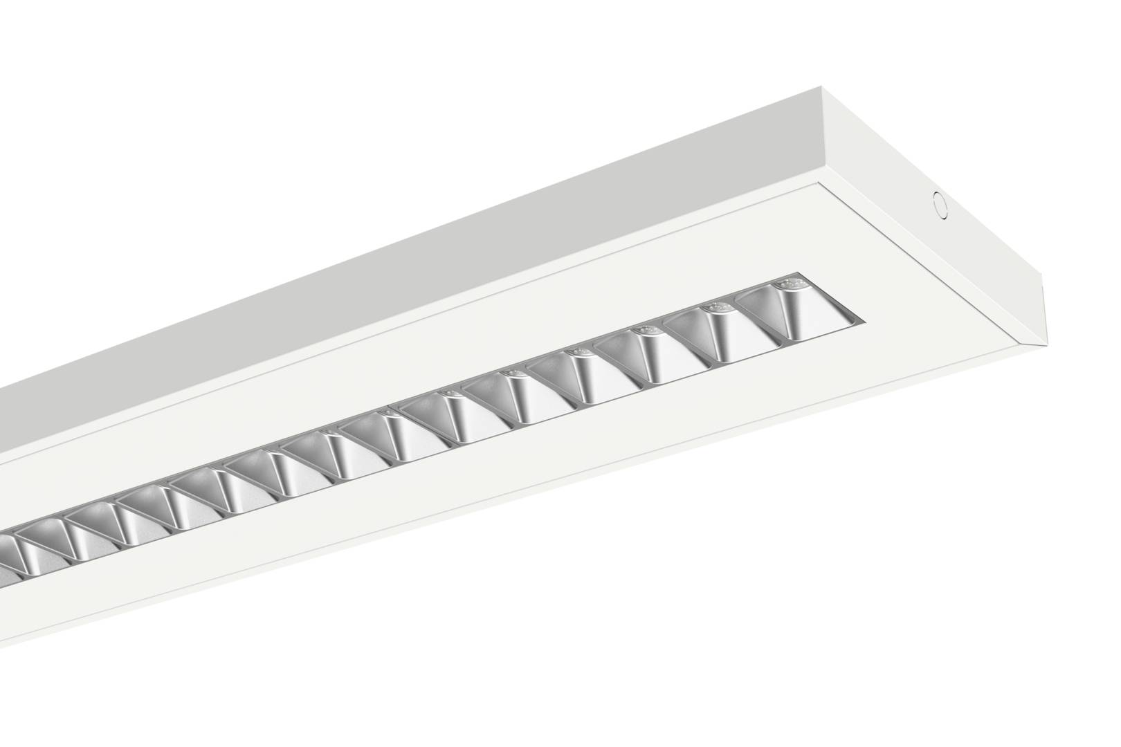 Modern téglalap alakú mennyezeti lámpa beépített reflektív lámpák sorozatával, ferde nézőpontból fehér háttéren.