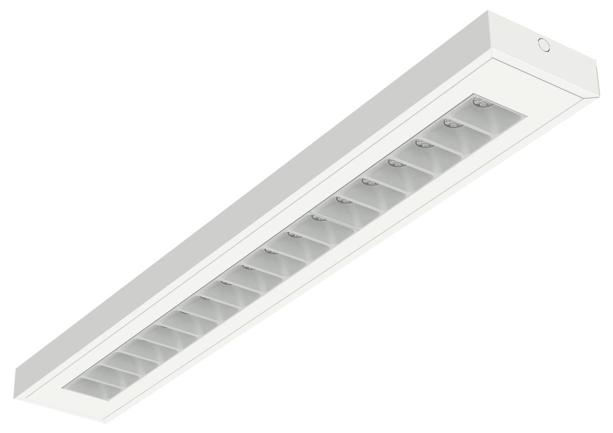 Fehér téglalap alakú fluoreszcens lámpatest visszaverő lamellákkal, fehér háttéren szögben megmutatva.