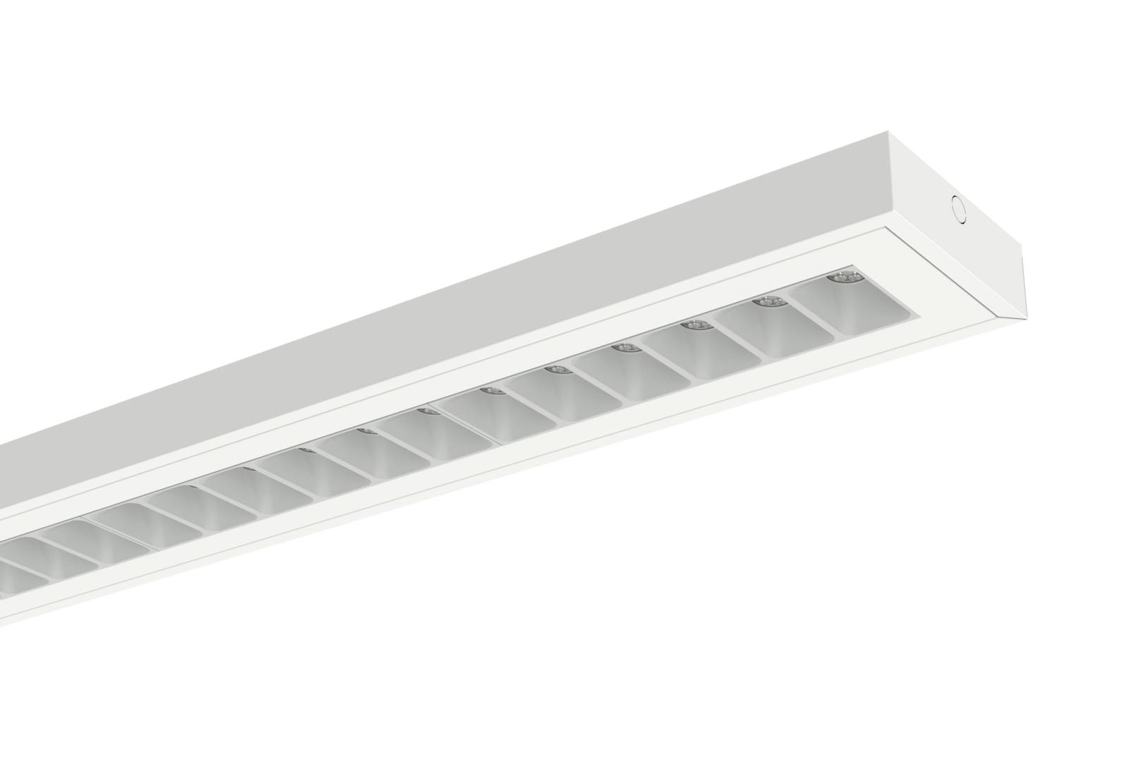 Fehér téglalap alakú mennyezeti lámpatest többszörös süllyesztett LED reflektorokkal, szögből bemutatva egyszerű háttéren.