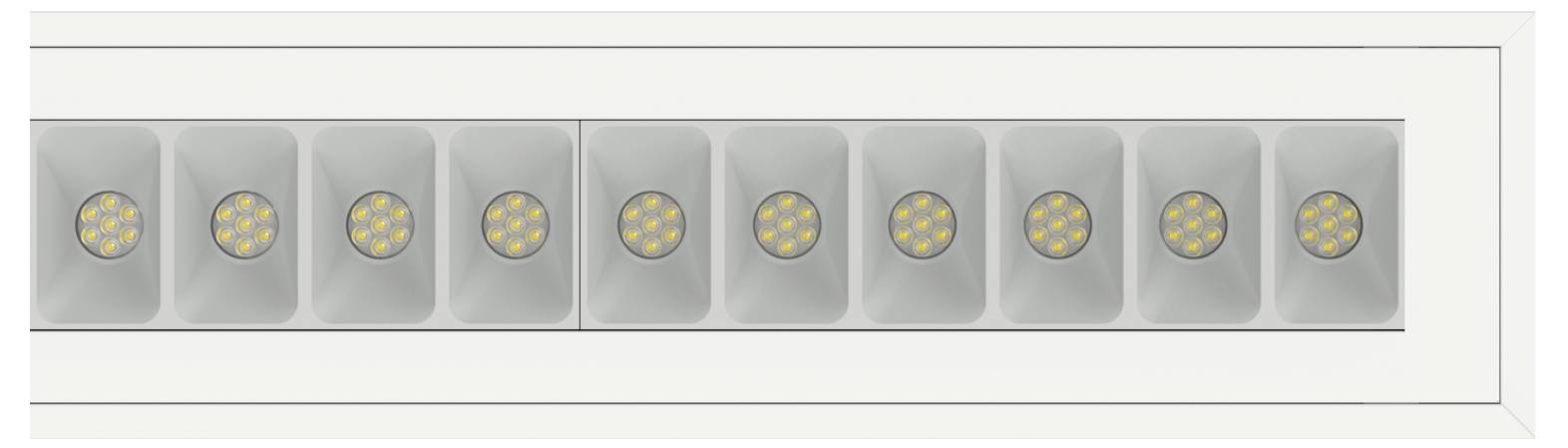 Egy vízszintes sor tíz kerek sárga lámpa, szürke téglalap alakú házakban beépítve egy fehér panelen.