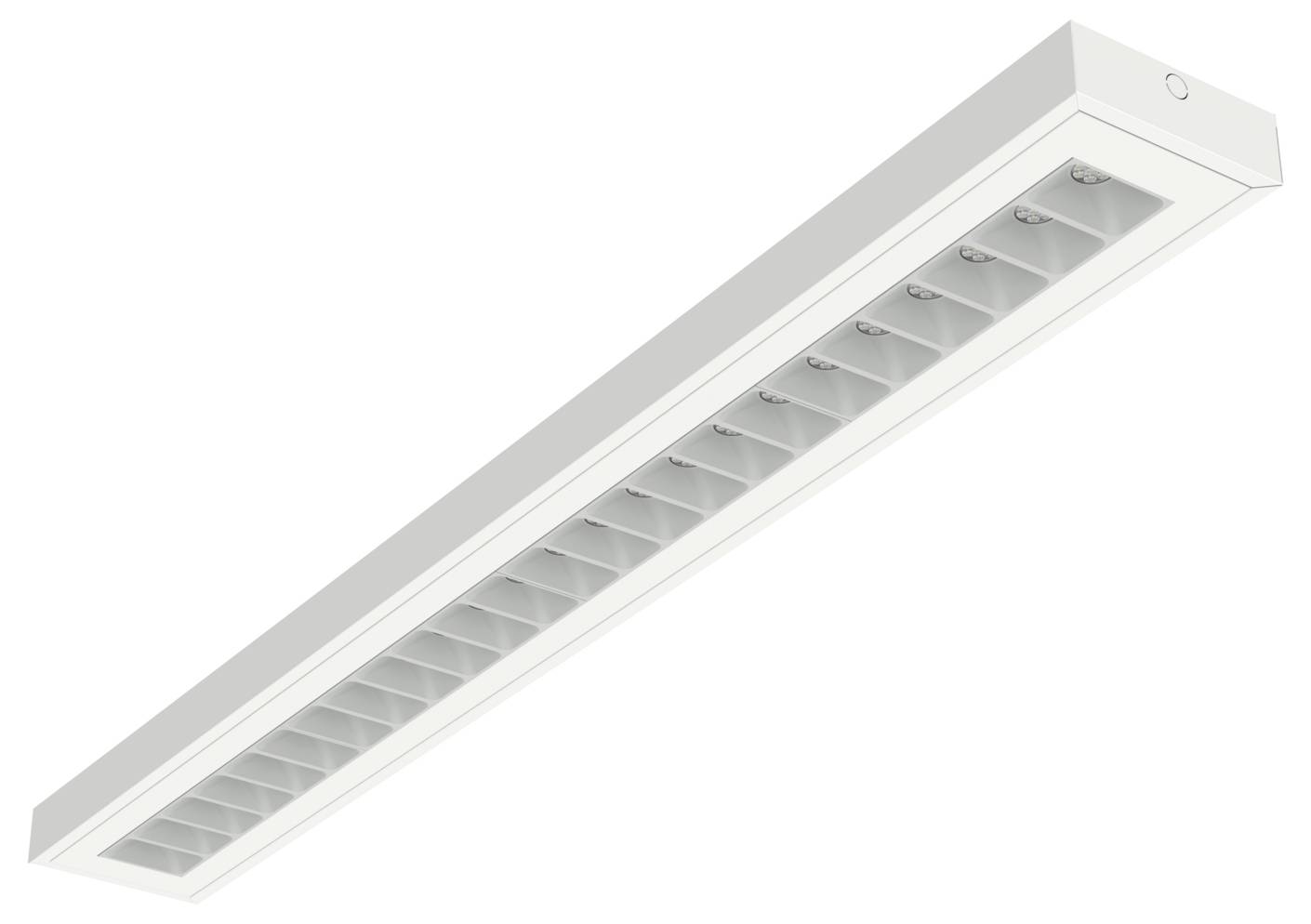 Fehér téglalap alakú mennyezeti lámpatest visszahúzott lamellás ráccsal, egyszerű háttéren megjelenítve.