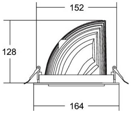 Egy összecsukható legyező vagy napellenző diagramja, amely a nyitott méretek következőket mutatja: 152 szélesség, 128 magasság és 164 az alapnál.