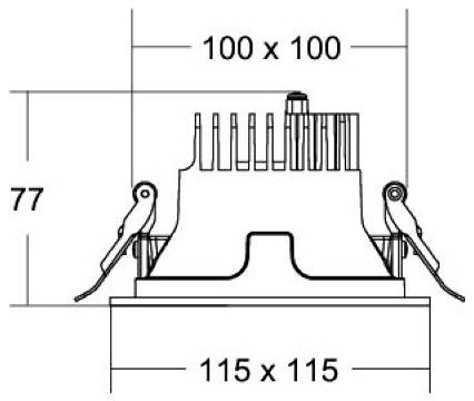 Egy olyan eszköz műszaki rajza, amelyen a 100 x 100, 115 x 115 és 77 méretű feliratok láthatók, oldalsó szerelési konzolokkal és egy bordázott felső résszel.