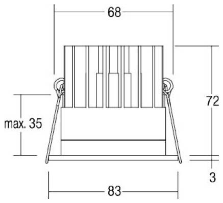 Szék vagy ülőhely technikai méretdiagramja, amely a következő méreteket mutatja: szélesség 68, mélység 83, magasság 72, talp 3, valamint maximális kartámasz magasság 35.
