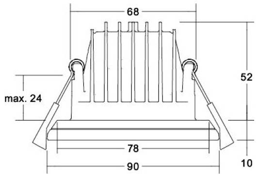 A süllyesztett lámpatest technikai rajza dimenziójelölésekkel: 68, 78, 90, 52, max. 24 és 10.