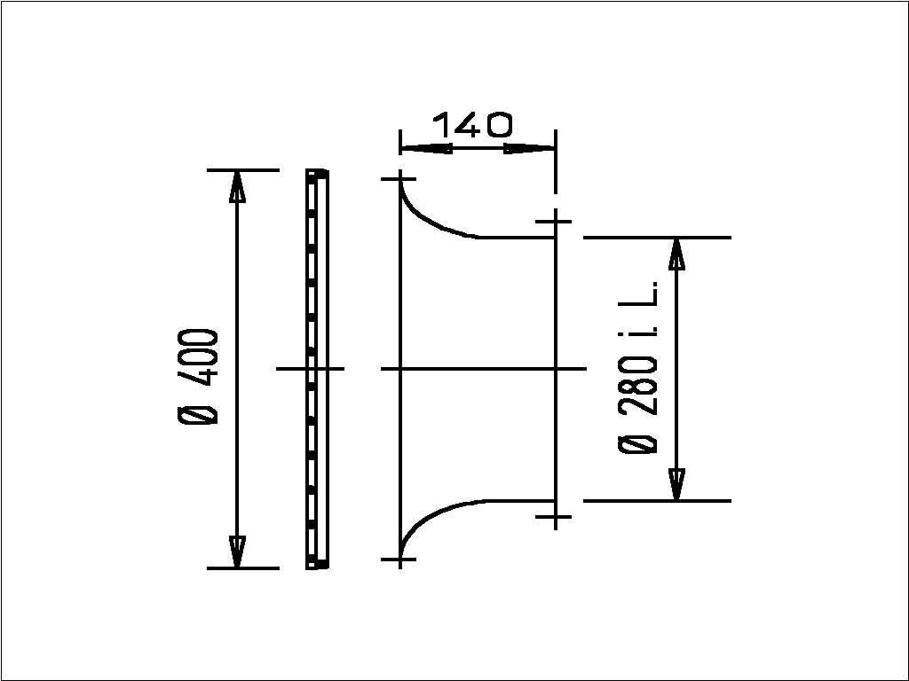 A karimás csatorna-redukáló technikai méretrajza, amely egy 400 mm átmérőjű oldalt, 280 mm átmérőjű oldalt és 140 mm hosszúságot mutat.