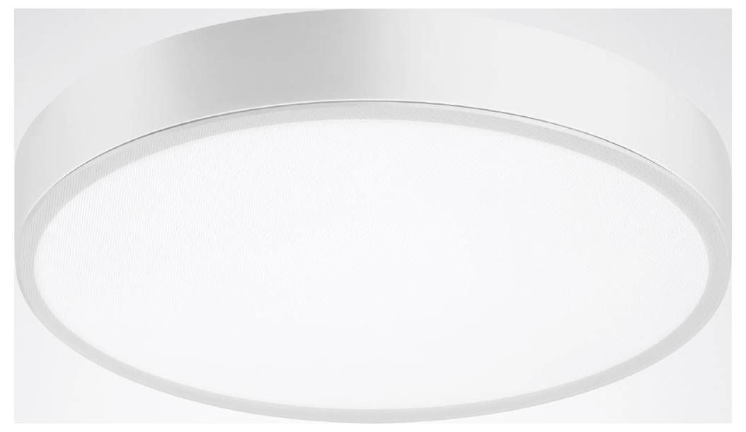 Kerek, fehér mennyezeti lámpatest minimalistikus designnal, amely lágy, egyenletes fényt bocsát ki, és modern belső térre alkalmas.