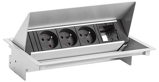 Bútorintegrációra tervezett elosztó, középen elhelyezett hálózati aljzattal és két USB töltőporttal rendelkező téglalap alakú panelen.