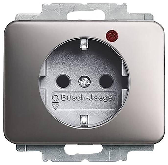 Elektromos konnektor két kerek aljzattal. A jobb felső sarokban egy piros jelzőfény található. A márkajelzés „Busch-Jaeger" feliratot olvas.