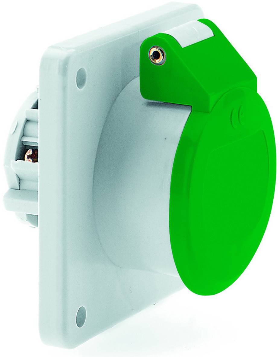 Zöld ipari elektromos aljzat védőfedéllel, szögből megjelenítve, amely hangsúlyozza annak robusztus és biztonságos kialakítását.