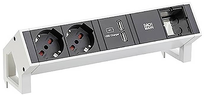 Elosztó két EU csatlakozóval, két USB porttal és hálózati porttal. Irodai vagy otthoni használatra alkalmas.