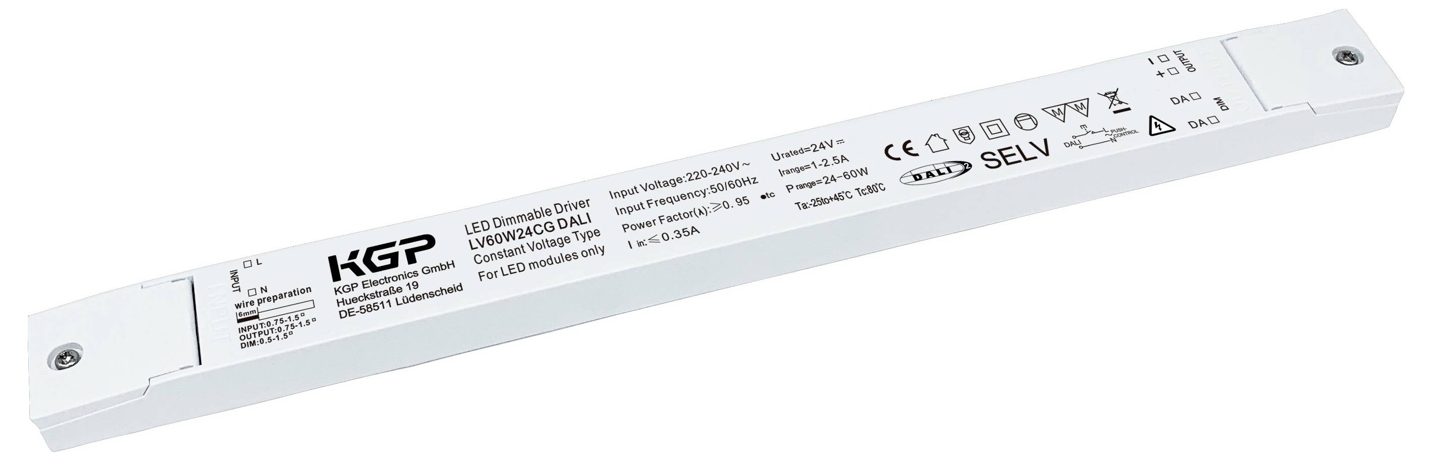 A KGP LED dimmable driver a házban megjelenített műszaki specifikációkkal és tanúsítványokkal, amelyet LED megvilágítás szabályozására használnak.