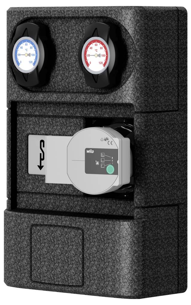 Fekete szigetelt pumpállomás két hőmérővel és egy központi szivattyú egységgel, fűtési rendszerekben használatos. Kék és piros mérőműszerek a tetején.