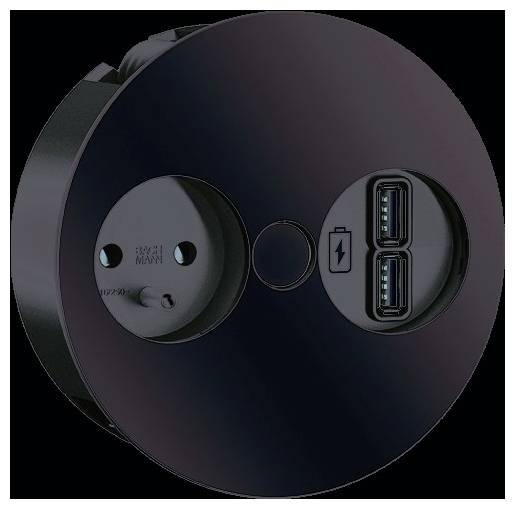 Fekete köralakú tápegység egy normál európai aljzattal a bal oldalon és két USB porttal a jobb oldalon, mely könnyű hozzáférésre van tervezve.