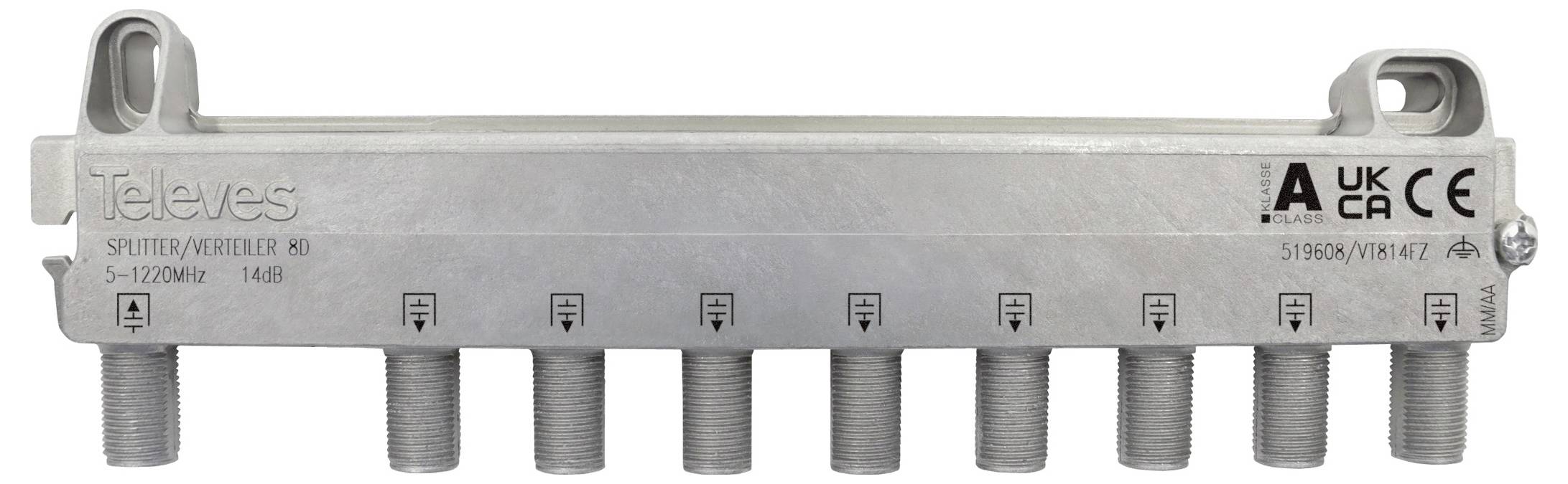 Fémes jelsplitter nyolc kimeneti porttal. A termék felszínén látható a "Televes" márkanév és az "UKCA" valamint "CE" tanúsítási jelölések.