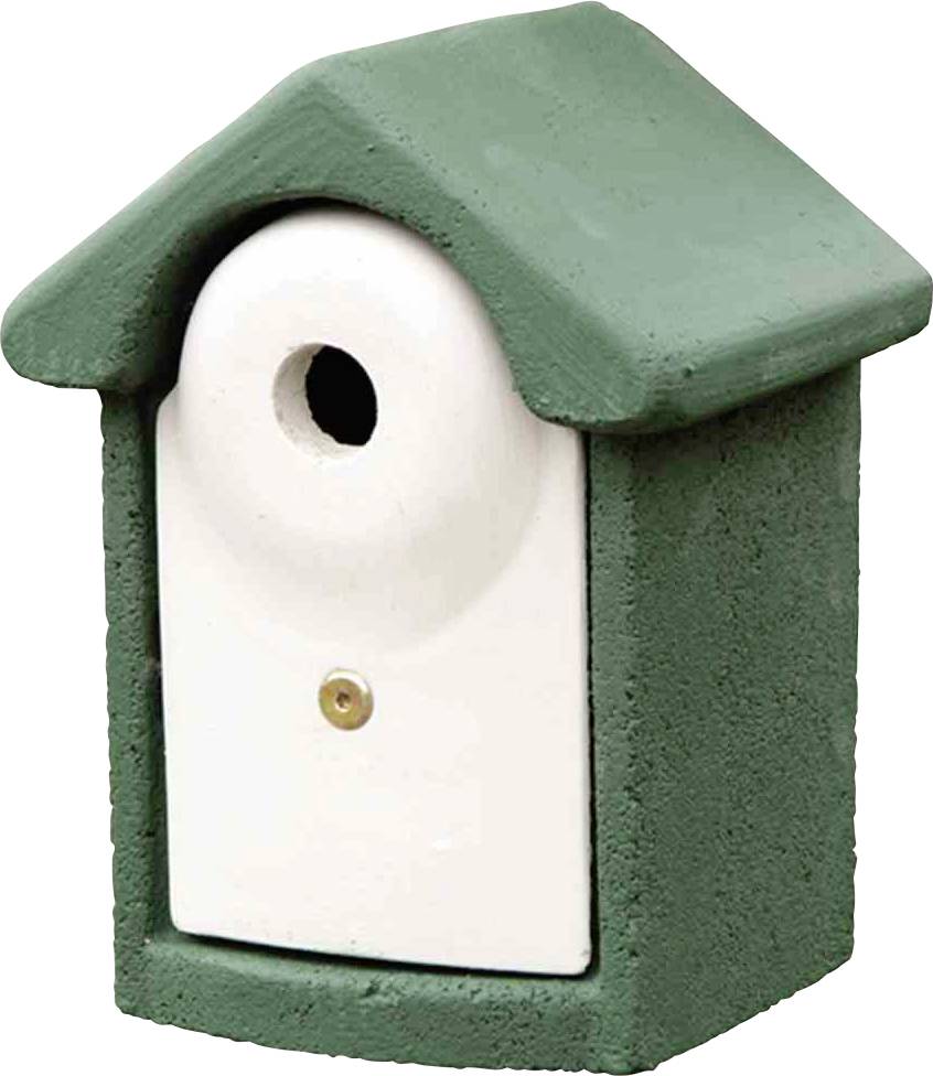 Zöld és fehér madárház, elején egy kis kerek bejáratlyukkal. Kicsi madarak számára alkalmas.