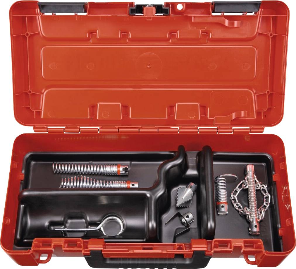 Egy piros szerszámosláda nyitva van, benne különféle szerszámok és tartozékok rendezetten sorakoznak.