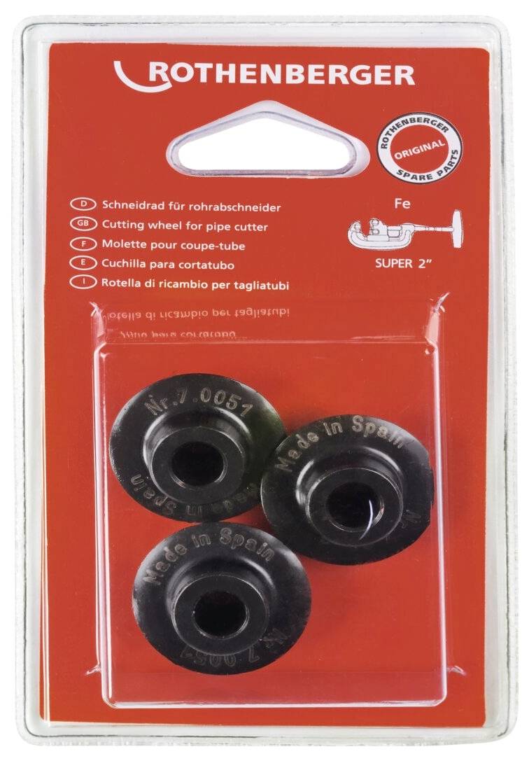 A Rothenberger vágókerekek csomag csődarabolókhoz, négy kereket tartalmaz, amelyeken "Made in Spain" felirat szerepel, többnyelvű csomagolási szöveggel.