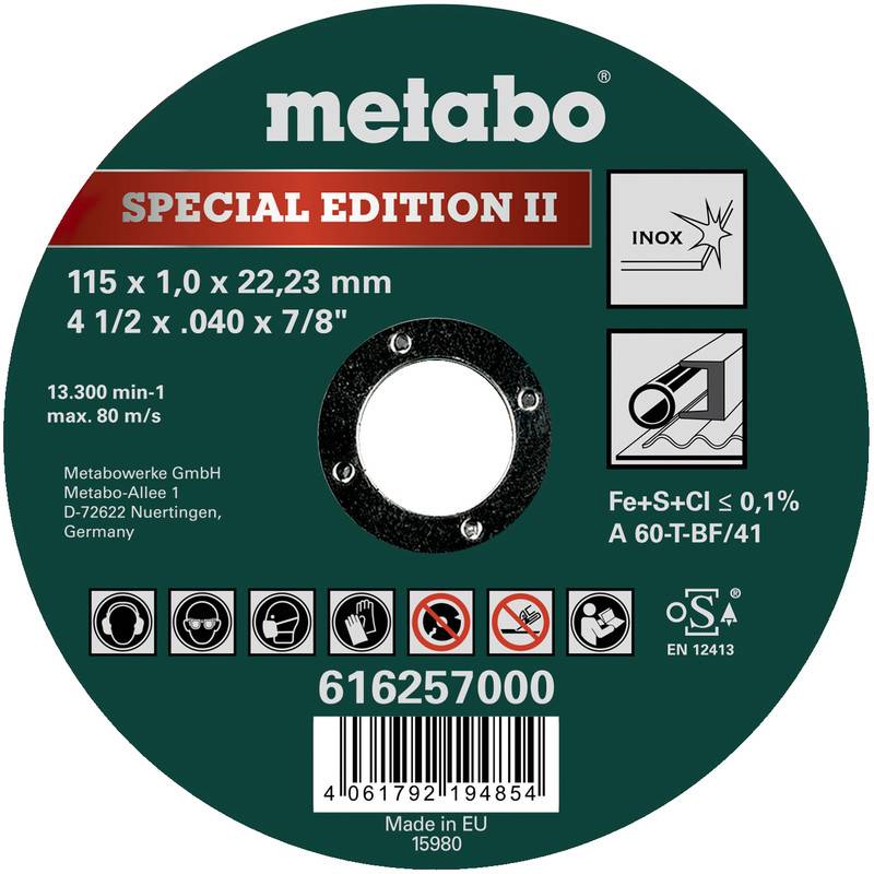 Metabo Special Edition II abrazív vágókorong címke, 115 x 1,0 x 22,23 mm mérettel, rozsdamentes acél/acélhoz, biztonsági ikonokkal és vonalkóddal.