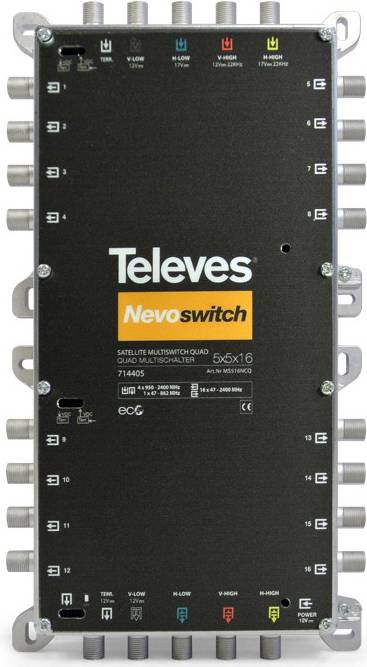 'Televes Nevoswitch műhold multistation quad multiswitcher 5x5x16, 714405-ös modell, különféle bemeneti és kimeneti csatlakozókkal.'
