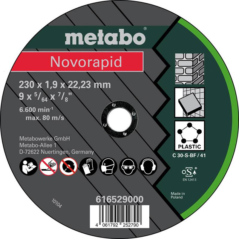 Metabo Novorapid csiszolókorong címke, amely a következő méreteket mutatja: 230 x 1,9 x 22,23 mm, max 6600 ford/perc, és a termék vonalkódja.