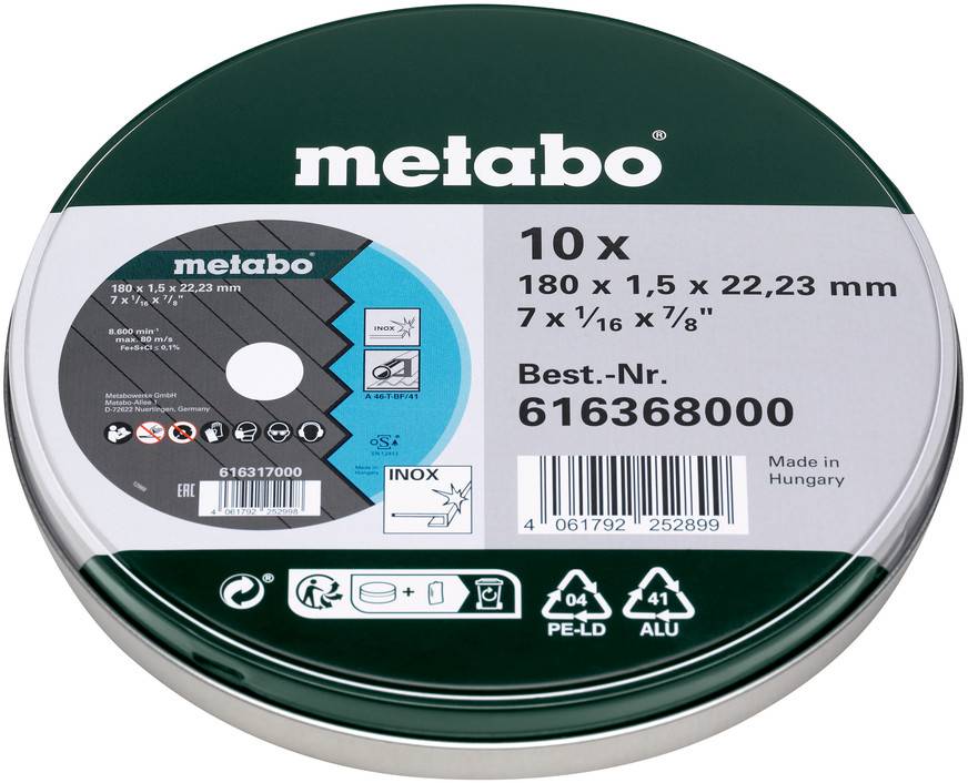 Metabo 10-pack 180 x 1,5 x 22,23 mm-es vágókorongok, Best-Nr. 61638000, a termékcsomagon feltüntetett.