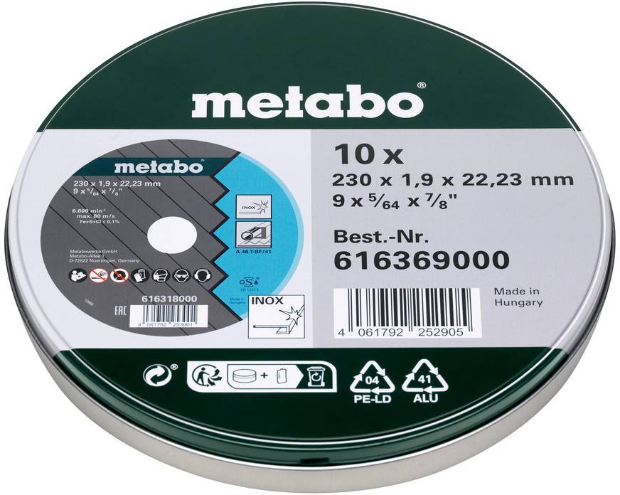 Metabo 10 darabos vágótárcsaszett, 230 x 1,9 x 22,23 mm, Best-szám: 61639000, rozsdamentes acélhoz/fémhez, kerek tárolódobozban.